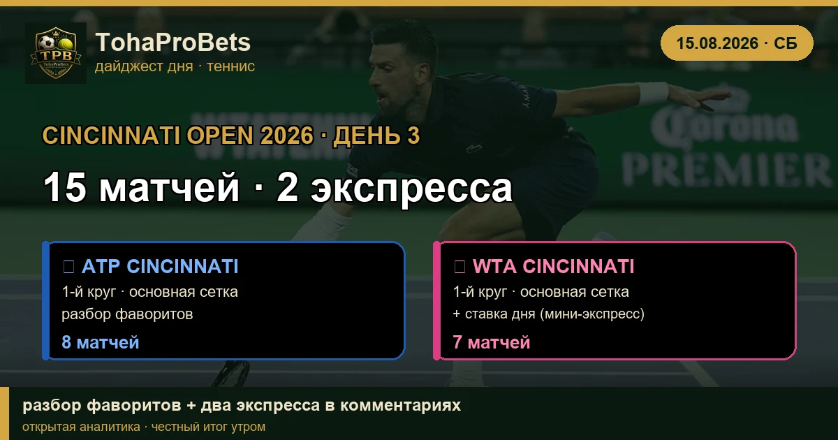 Обложка дайджеста Cincinnati Open дня 3 — 15 матчей и два экспресса