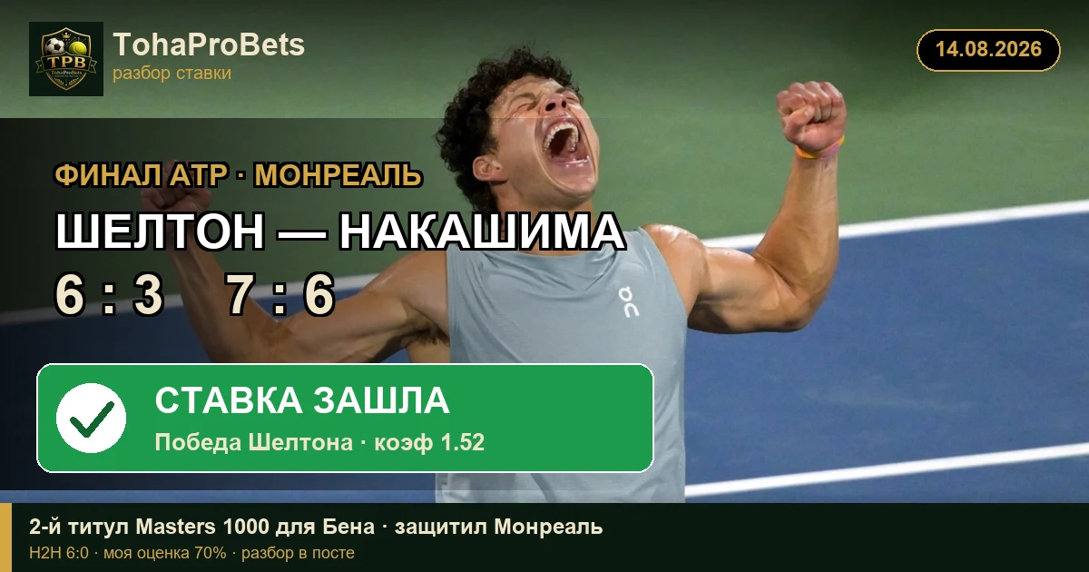 Обложка прогноза Шелтон против Накашимы — финал ATP Монреаль